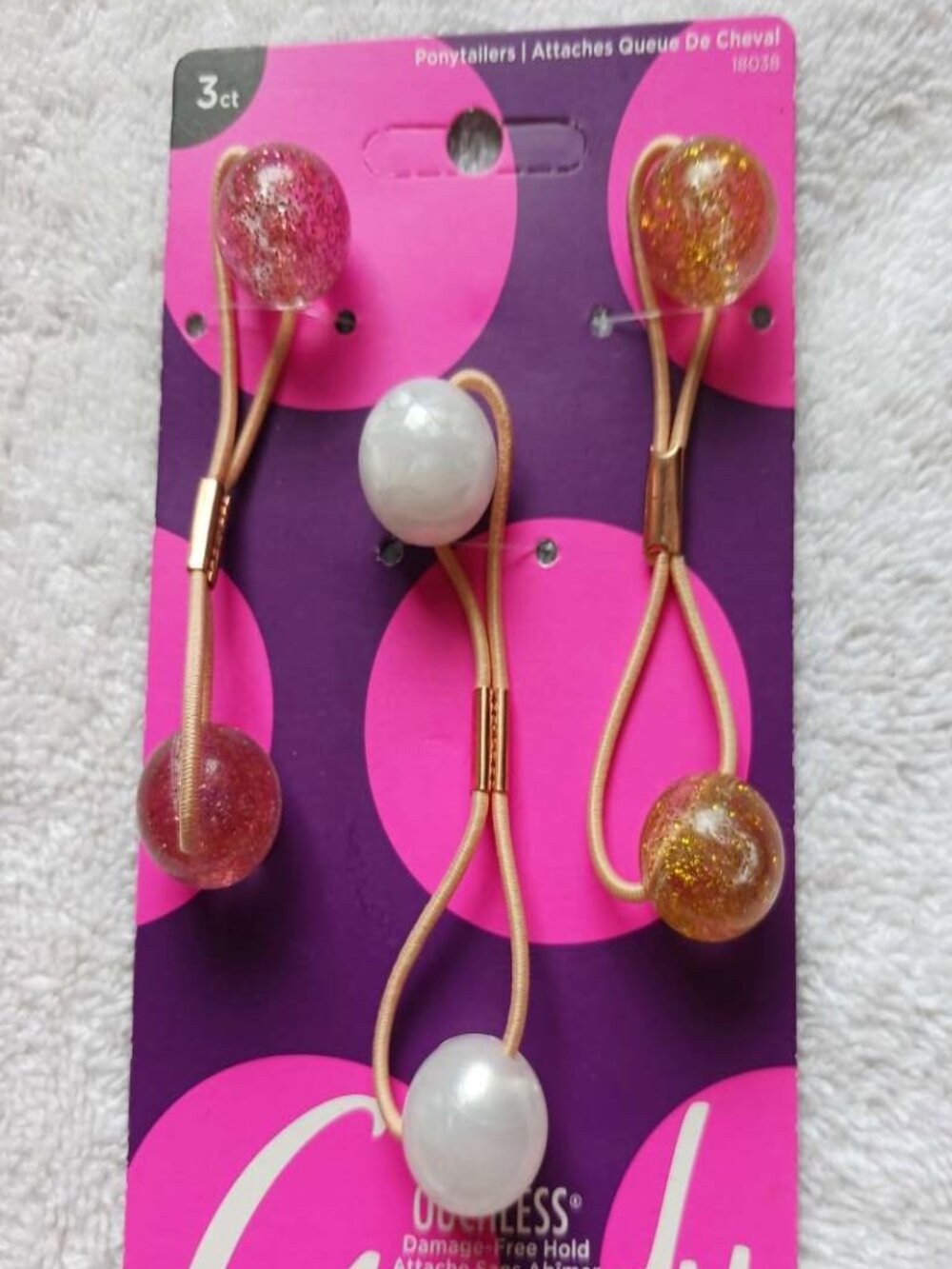 3 Goody Ouchless Twin Bead Ponytailer Elastic Hair Bands Pink Gold Glitter Pearl